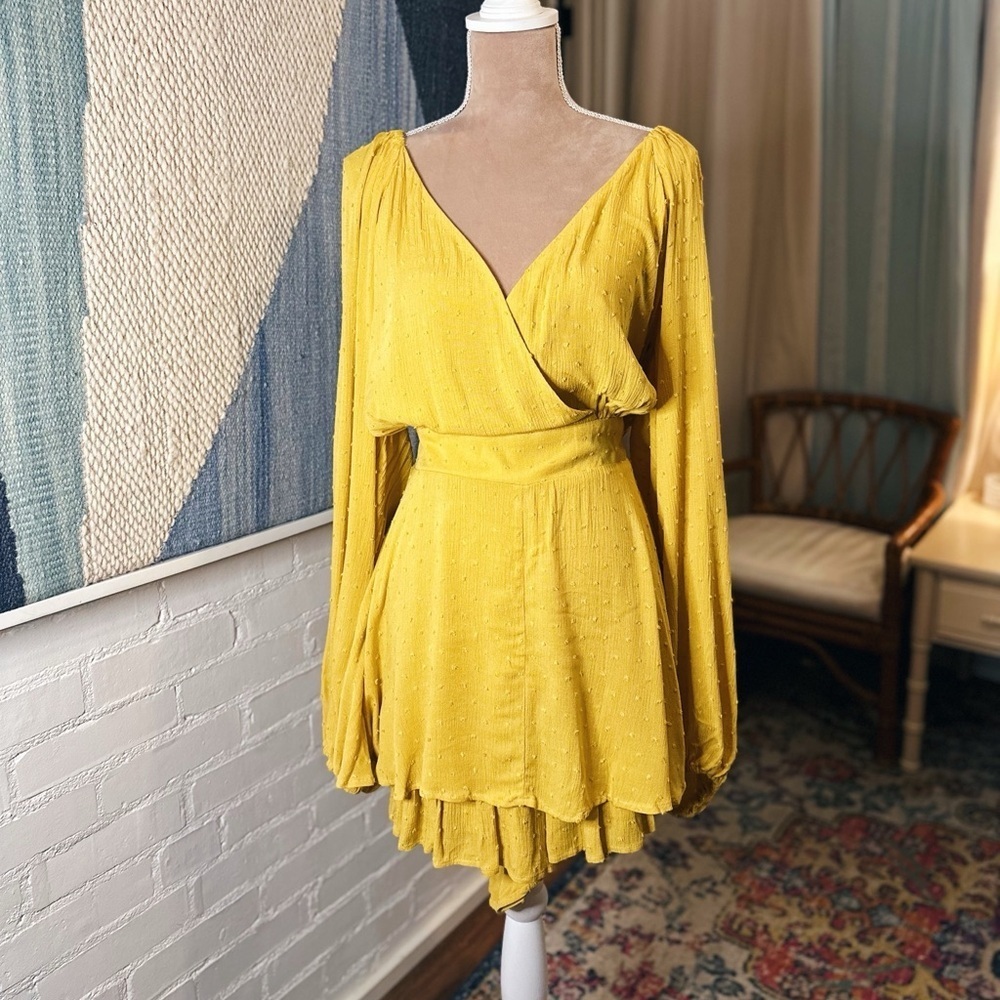 NWT Fashion Nova Mustard Swiss Dot Flowy Long Sleeve Romper